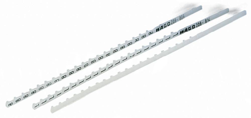 Three white, elongated plastic strips with regular indentations and the inscription 'WAGO'.