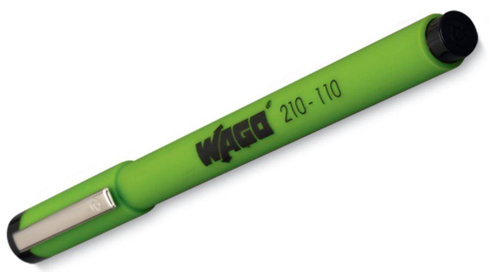 A green pen with a black clip and inscription 'WAGO 210-110'.