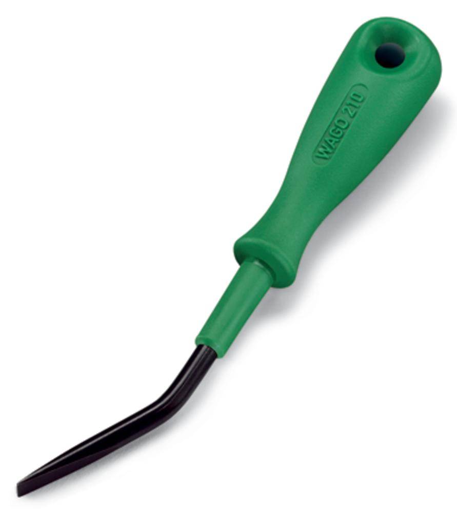 Green plastic lever with a black metal tip, often used for removing clamped connections. Brand name engraved on the handle.