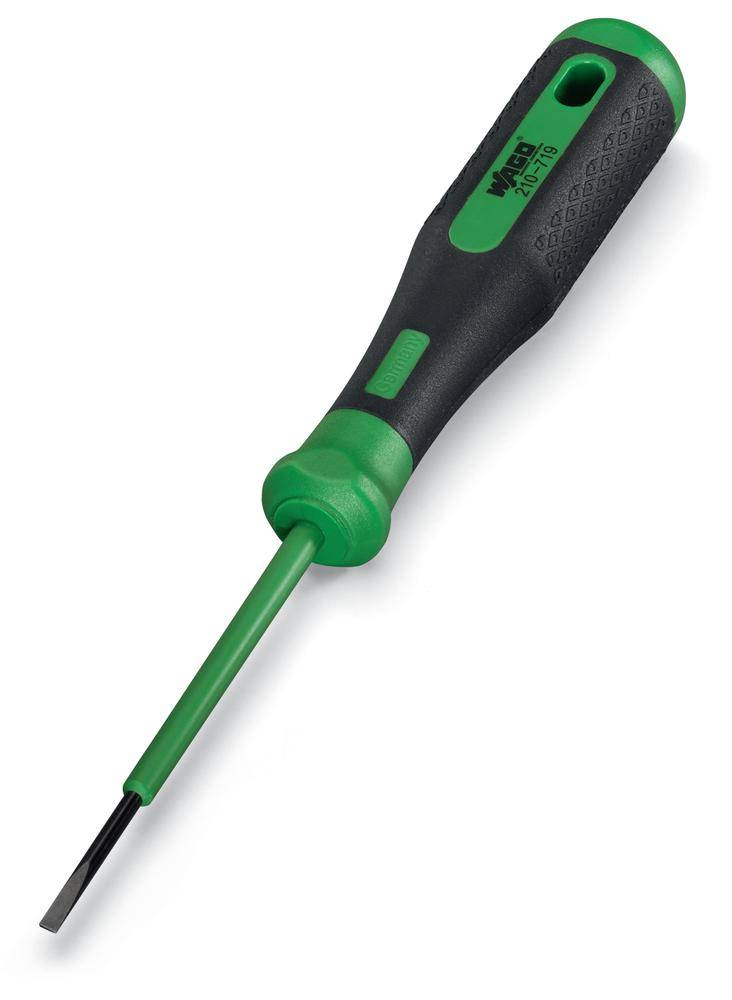 A green and black flathead screwdriver on a white background.
