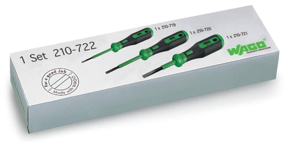 A packaging containing a screwdriver set (1 set 210-722) by WAGO, comprising three green screwdrivers.