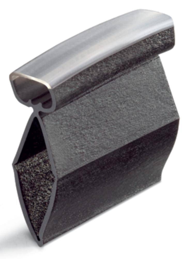 A cross-section of a rubber profile, presumably a seal, shows its structure and shape. Steel reinforcement is visible in the upper section.