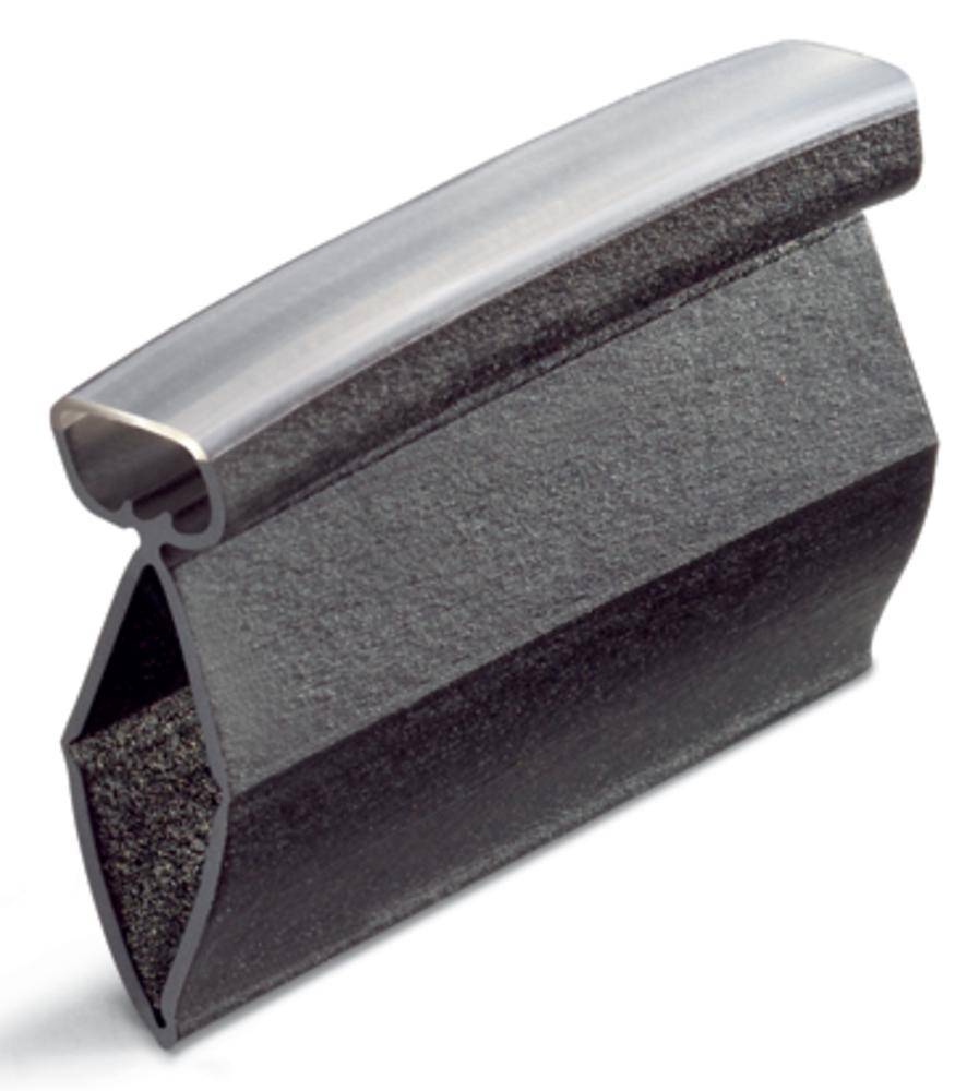 Black rubber profile with metal-reinforced top section, used for sealing, sound insulation and protection against environmental influences.