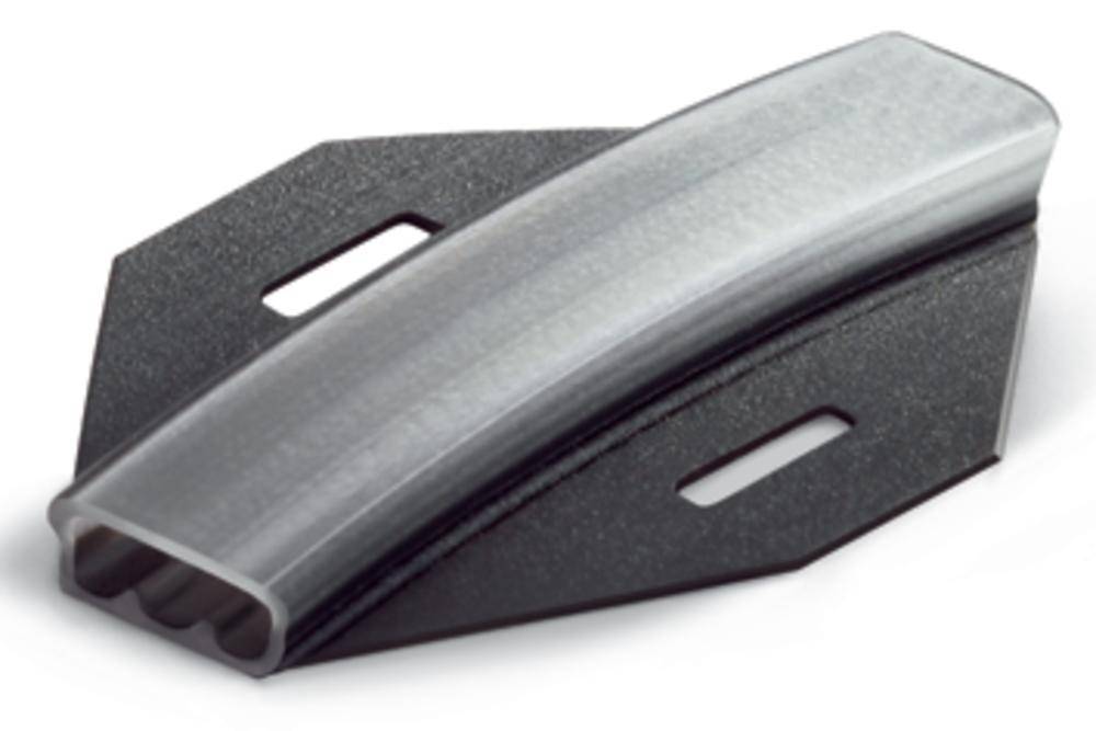 A curved metal impact absorber on a black base, used in safety technologies.