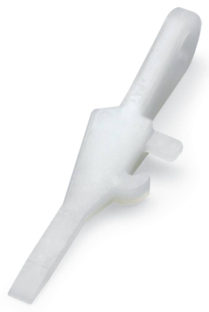 A white plastic spatula with a narrow, tapered tip and broad handle for precise application of materials.