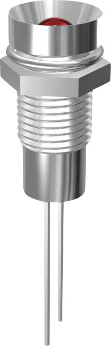 A silver, cylindrical metal push button with three pin connections at the bottom and a red button on top.