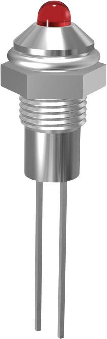 A metallic push switch with a red cap and two connections on the underside. Suitable for electronic applications.
