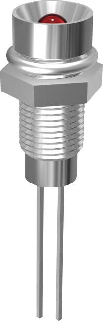 Metallic LED indicator with threading, red illumination point at the top, two connection pins at the bottom.