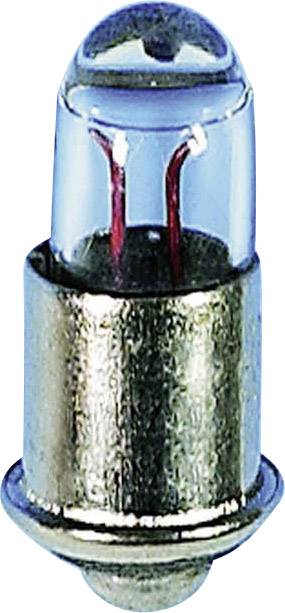 Small LED lamp with metallic casing and clear cap, with two red contacts visible inside.