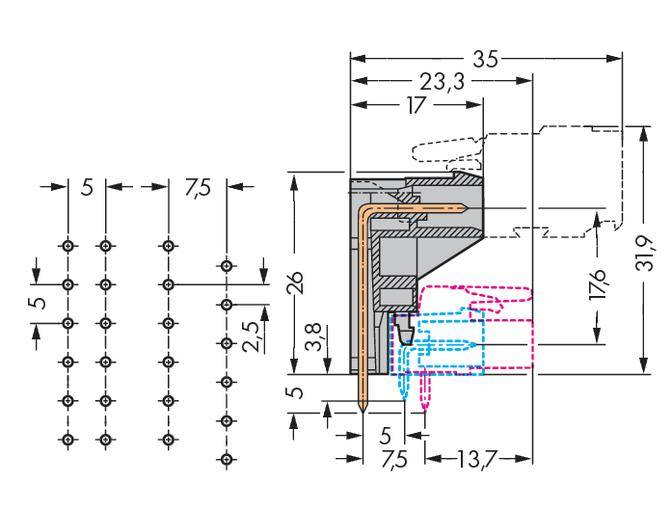 WAGO Pin strip (standard) 301 Total number of pins 5 Contact spacing: 5 mm 232-335 100 pc(s)