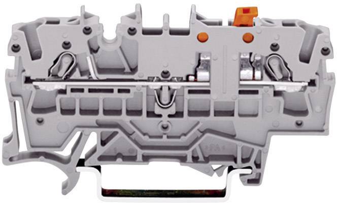 Grey terminal block with metal contacts and orange markings in the top right corner for electrical connections.