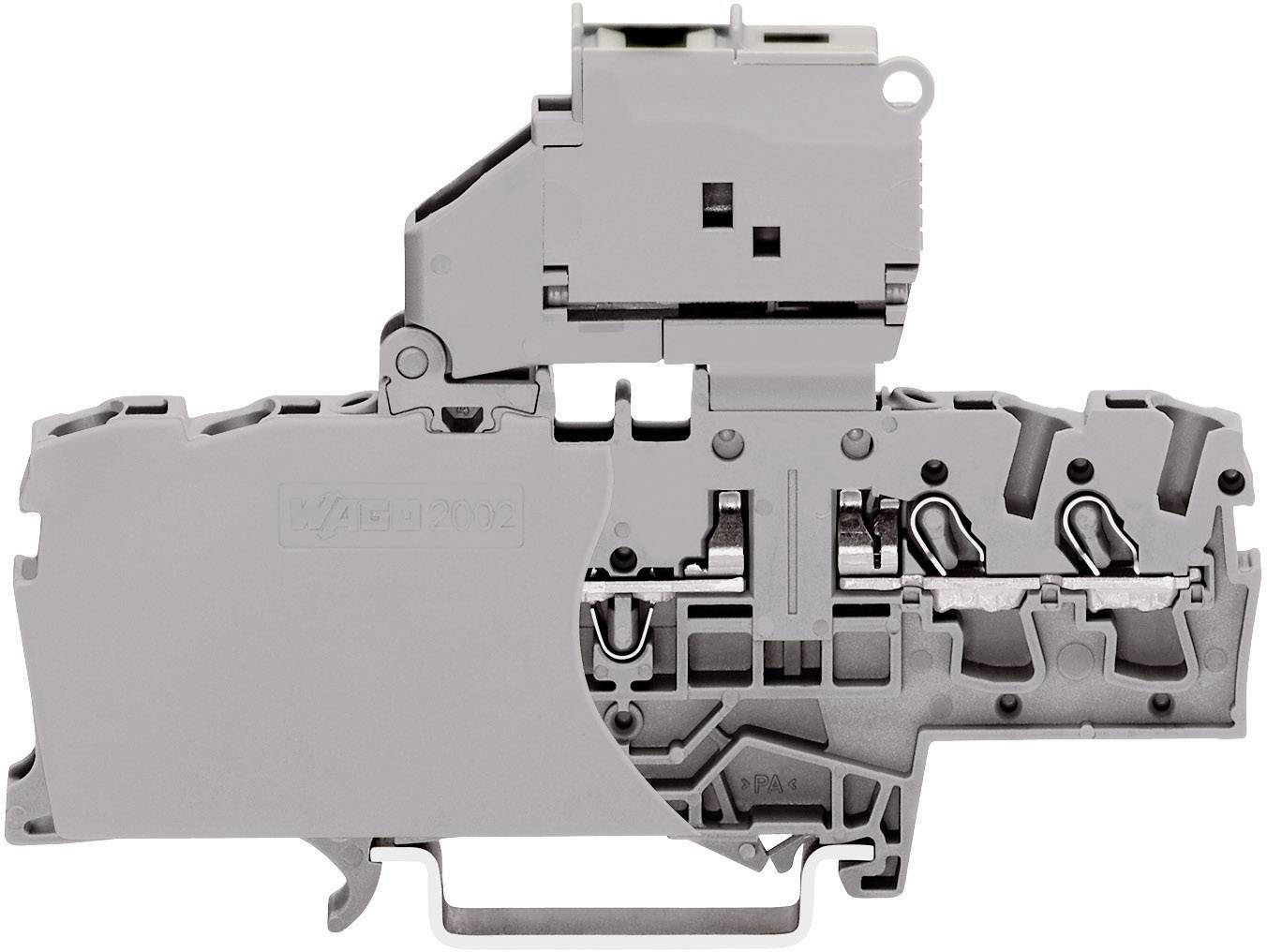 Grey-black electrical terminal with various insertion options and lever mechanisms, shown from the side.