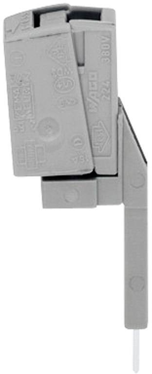 A grey electrical microswitch with a lever arm, indicating switching operation in machinery or electronics; shows manufacturer's logo.