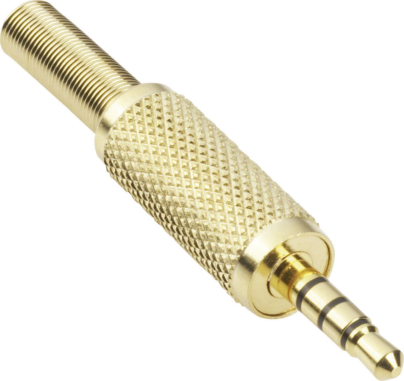 Golden 3.5 mm stereo plug with ridged grip, suitable for audio connections, shows detailed close-up of the connector.