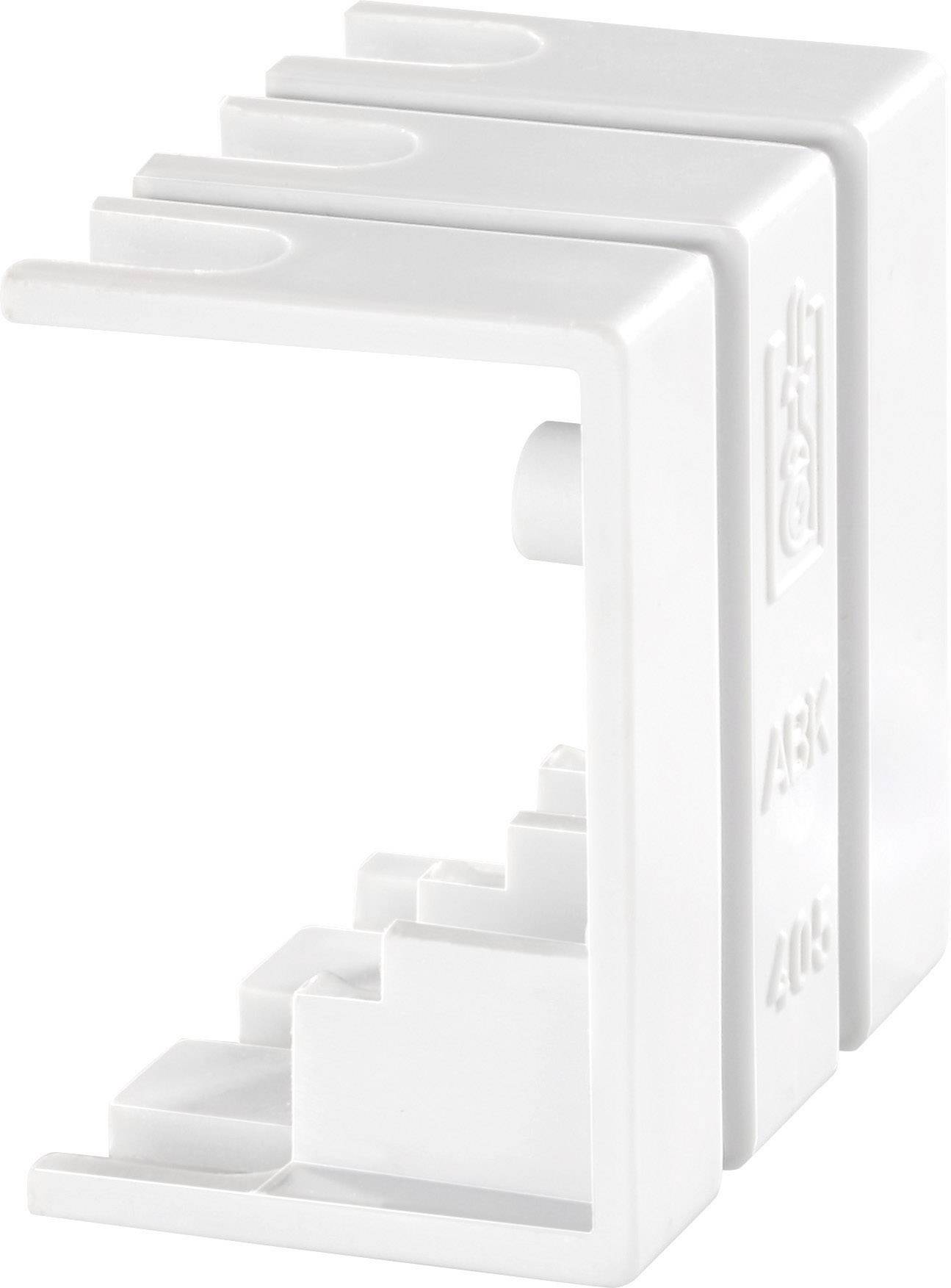A white, right-angled plastic clip constructed in an L-shape with serrated inner edges for holding objects.
