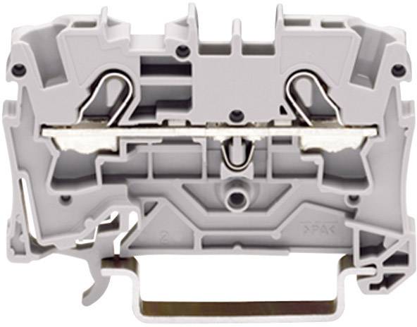 Grey plastic terminal block holder with metallic contacts, suitable for mounting on a DIN rail.