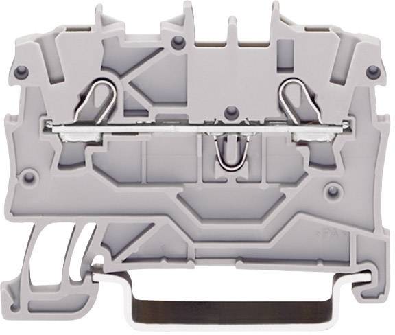 Grey plastic terminal block with metal contact in the centre, suitable for electrical connections in control cabinets and control systems.