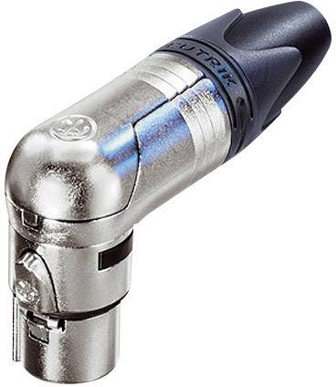 Silver and blue angled XLR plug, specifically designed for audio and video connections.