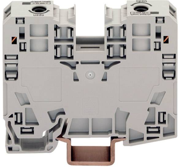 Grey electrical terminal block with multiple connection points and a mounting base at the bottom, commonly used for wiring in control cabinets.