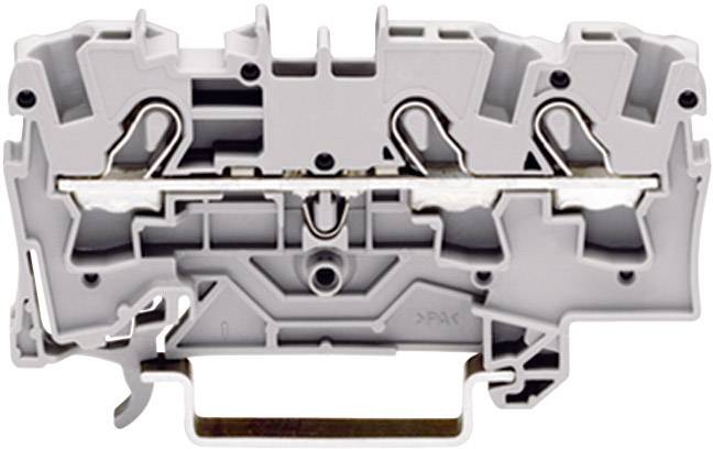 A white, modular electrical terminal block with DIN rail mounting, wire clamps, and screws for electrical wiring.