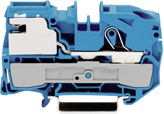 A blue, modular electric terminal block with visible internal structure and connection points.