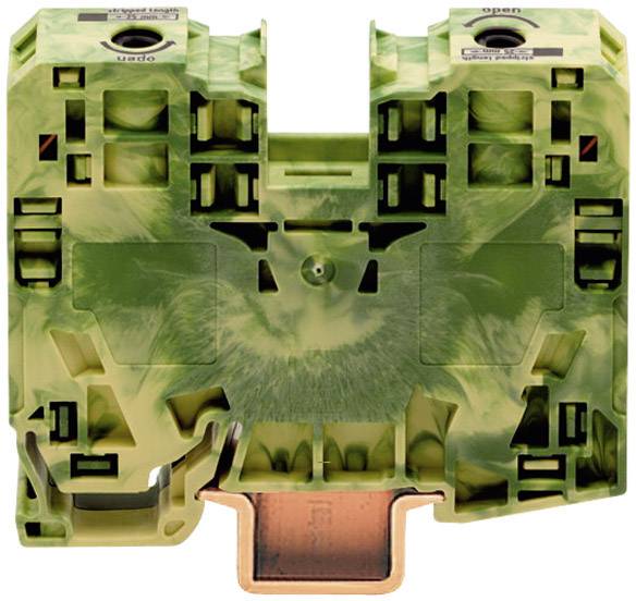 Green electrical terminal block with copper base, viewed from above.