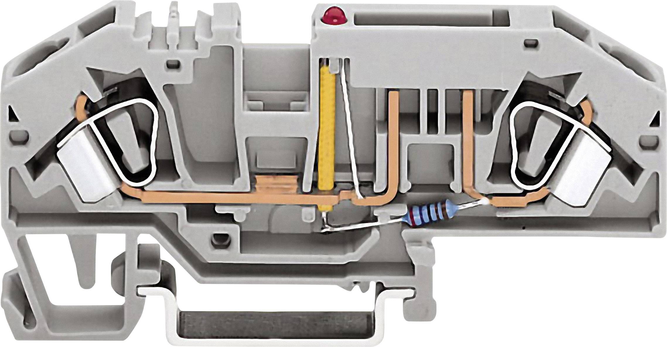 A cross-section of an electrical terminal shows internal metal connections and a built-in resistor for current regulation.