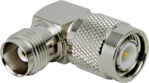 A metal adapter with a right-angled connection that connects two different connectors.