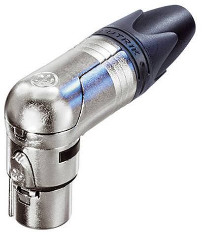 Metallic, angled audio jack with blue casing, suitable for professional audio applications.