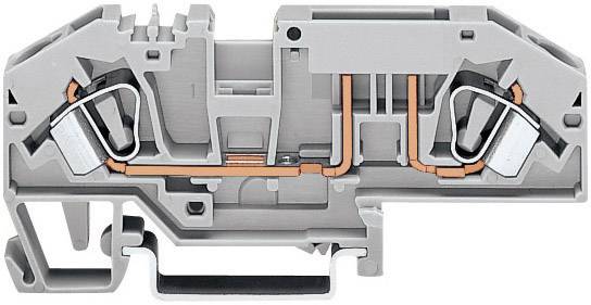 Grey clamp rail with orange wires, cross-sectional view. Shows the internal structure and path of the electrical connection.