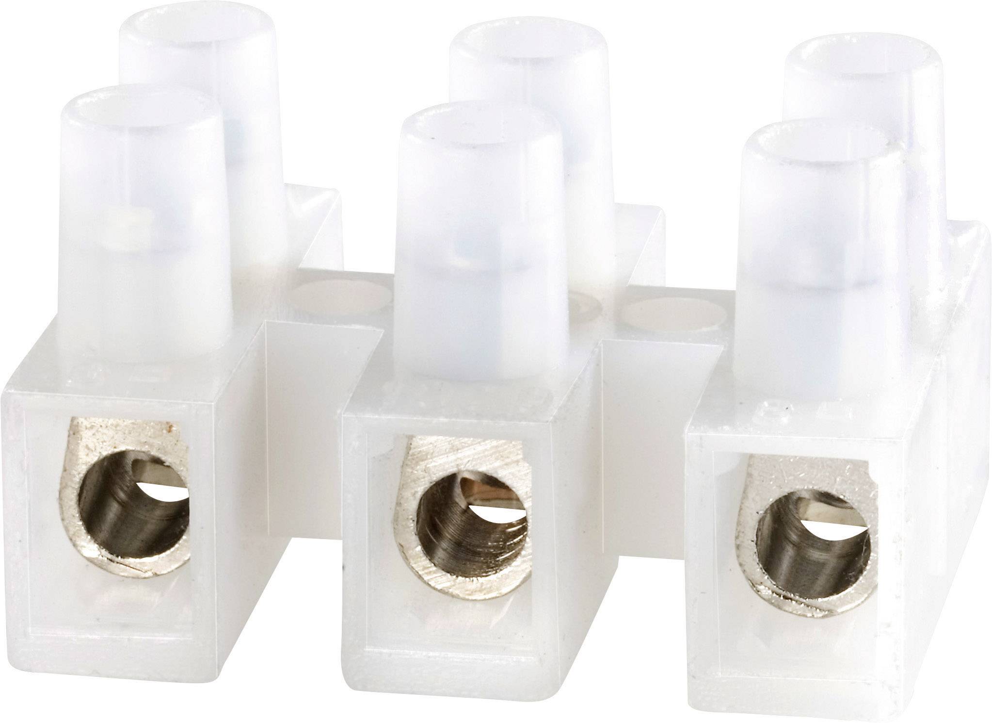 A white, six-pole cable connector with screw terminals, each with metal holes for securing electrical cables.