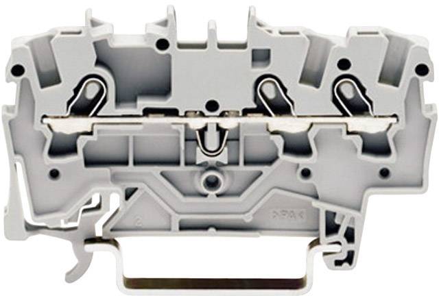 A grey plastic terminal block with metal connections and clamping levers for wiring electrical circuits.