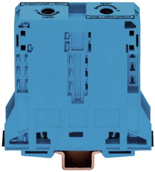 A blue electric terminal block with terminals and copper connection. Top surface labelled with 'open' and 'close' for control.