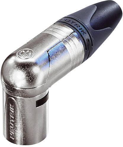 A silver Neutrik connector with a right-angled angle and a black end piece, commonly used in audio applications.