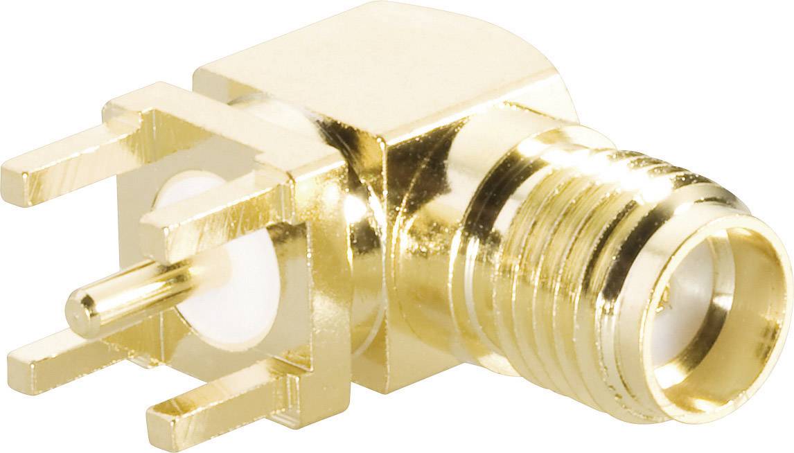 A golden, right-angled coaxial connector with four pins, suitable for PCB mounting, shows the connection side and the threaded side.
