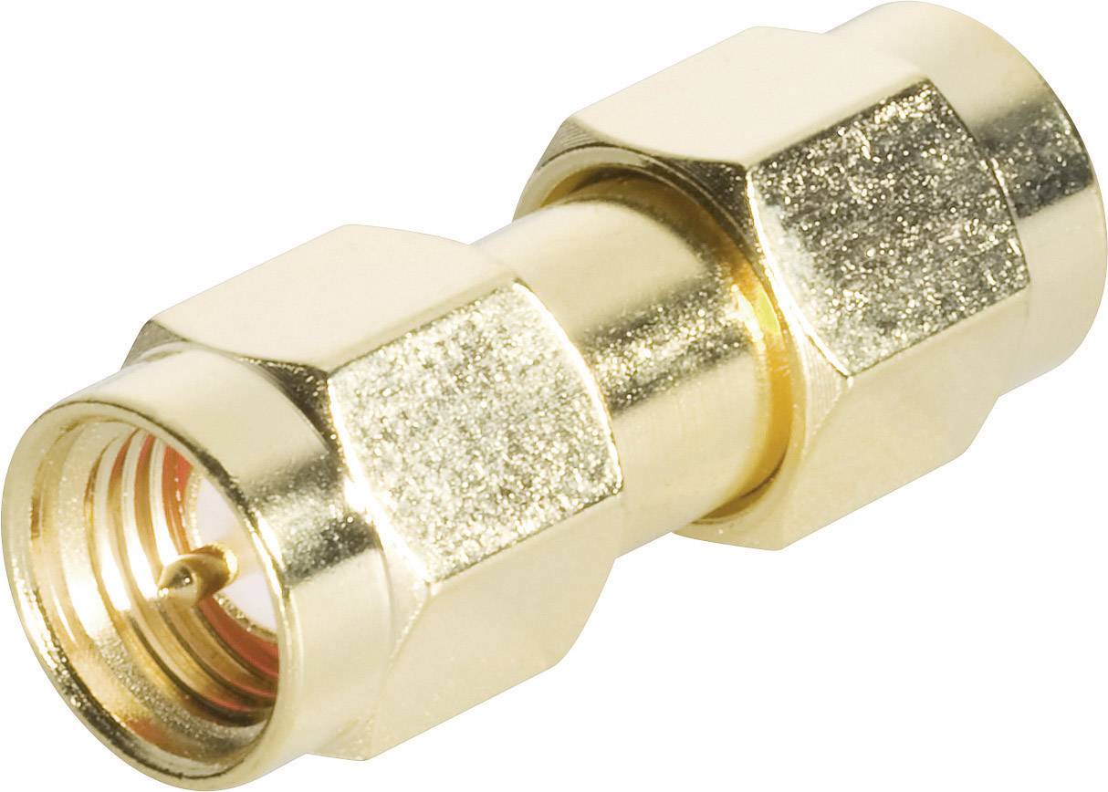 FFC coupling, gold-coloured, cylindrical shape, two hexagonal ends, used for connecting coaxial cables.