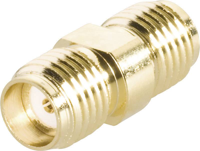 Small, gold-coloured RF adaptor with a knurled grip, suitable for coaxial connections.