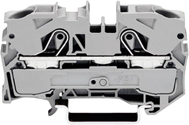 Grey-black industrial component, likely an electrical terminal block, with two side screws and a central mounting point.