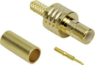 Gold-coloured coaxial plug with removable components, including housing, main body and a small pin.