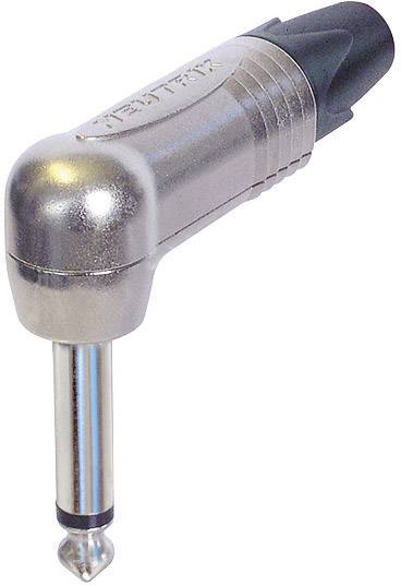A right-angled metal and plastic jack plug, suitable for audio cable connections.