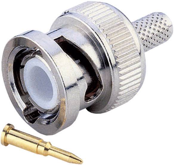 A BNC plug with stripped wire used for connecting coaxial cables.