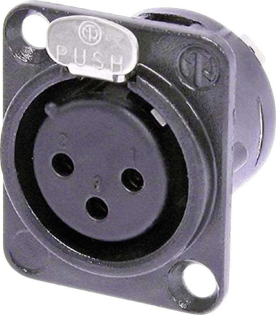 A black, three-pin XLR plug with a silver 'PUSH' button on top.