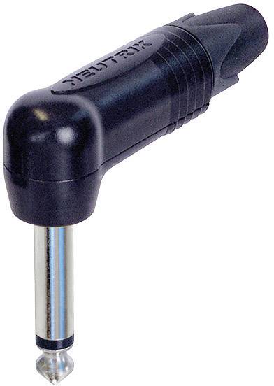 A black, right-angled jack plug with a metal tip. 'Neutrik' brand text on the plastic casing.