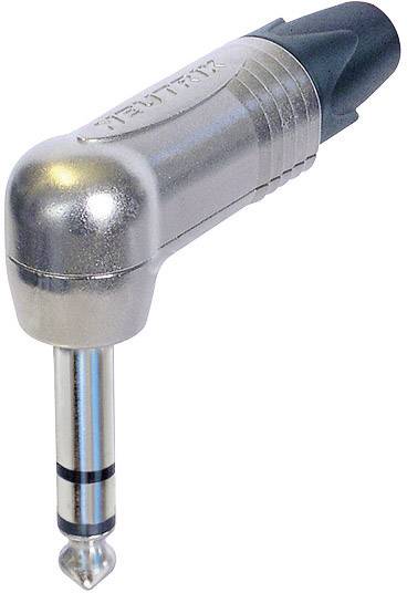 A silver, angled jack plug, suitable for audio connections, with a black plastic cap.