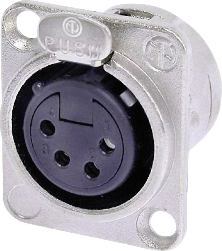 A silver XLR connector with three pins, mounted on a metal plate.