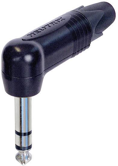 A black Neutrik audio plug with a 90-degree angle.