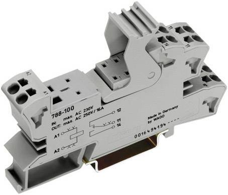 Grey DIN rail relay with technical details and circuit symbols on the surface. Designed for 230V mains voltage, 16A current rating.