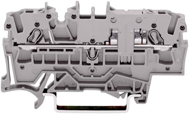 Grey electrical terminal block for industrial wiring, with side cable connection and DIN rail mounting bracket.
