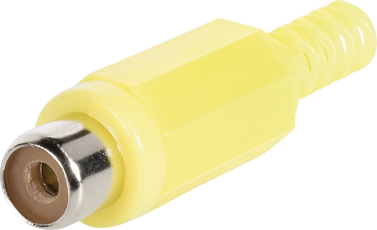 Yellow RCA phono plug with a metal tip, typically used for audio or video connections.