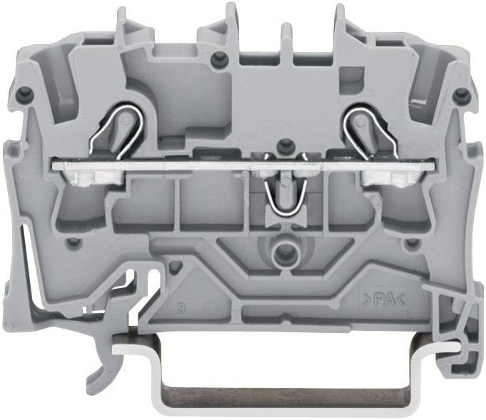 Grey, rectangular terminal block with metal contacts and side mounting points, used for electrical wiring.
